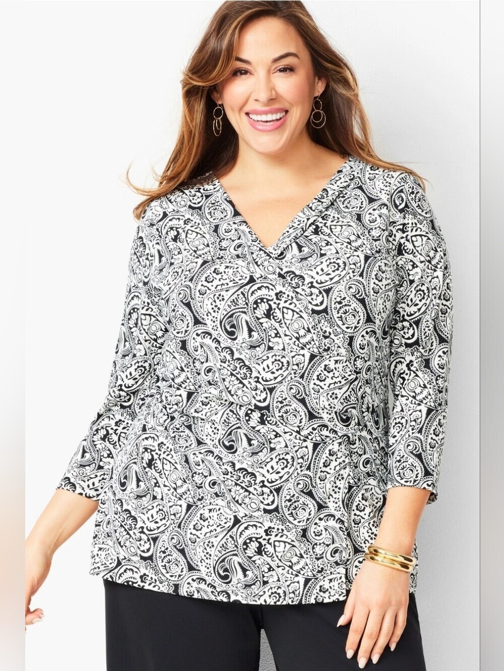 Talbots Paisley Faux Wrap Top Size 1X Black White Jersey Office Blouse Office